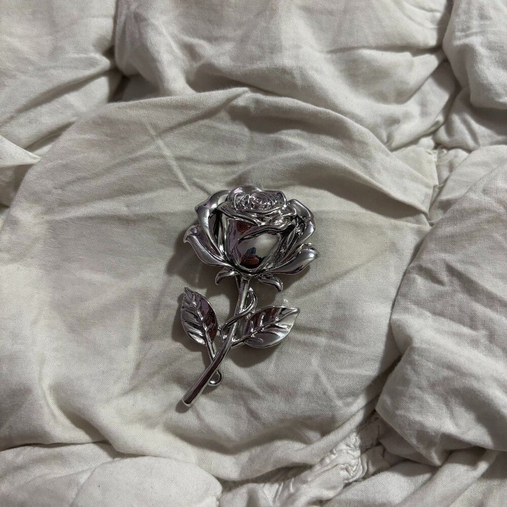 Free People Silver High-Polish Long-Stem Rose Statement Brooch